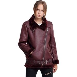 Women's Faux Shearing Moto Jacket Thick Lined Parka Winter Shearing, Red Wine, L